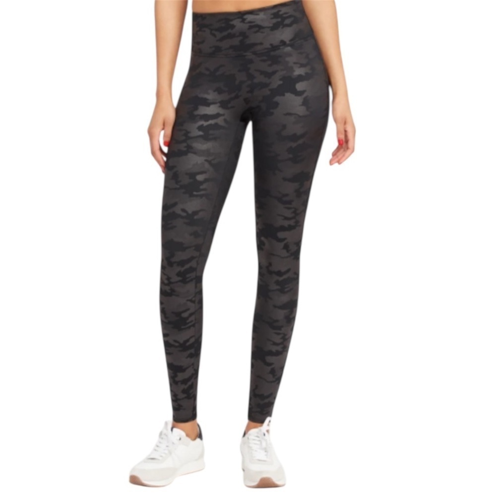SPANX Faux Leather Camo Leggings Black Gray High Rise Shaping Large